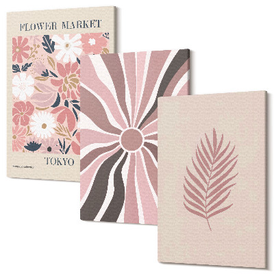 Zestaw obrazów 3 części tryptyk Kwiatowe wzory z liściem i geometrycznymi kształtami