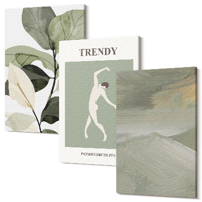 Zestaw obrazów tryptyk na ścianę Roślinne wzory z sylwetką i abstrakcyjnymi formami