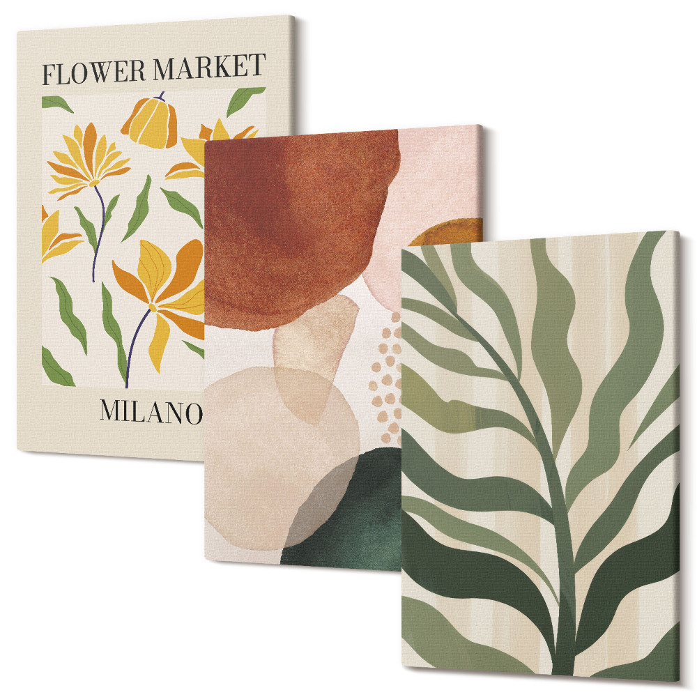 Zestaw obrazów na płótnie tryptyk Kwiatowe motywy z abstrakcyjnymi kształtami i liśćmi