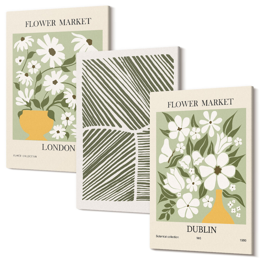 Zestaw obrazów 3 części tryptyk Kwiatowe wzory Londyn i Dublin abstrakcja linii