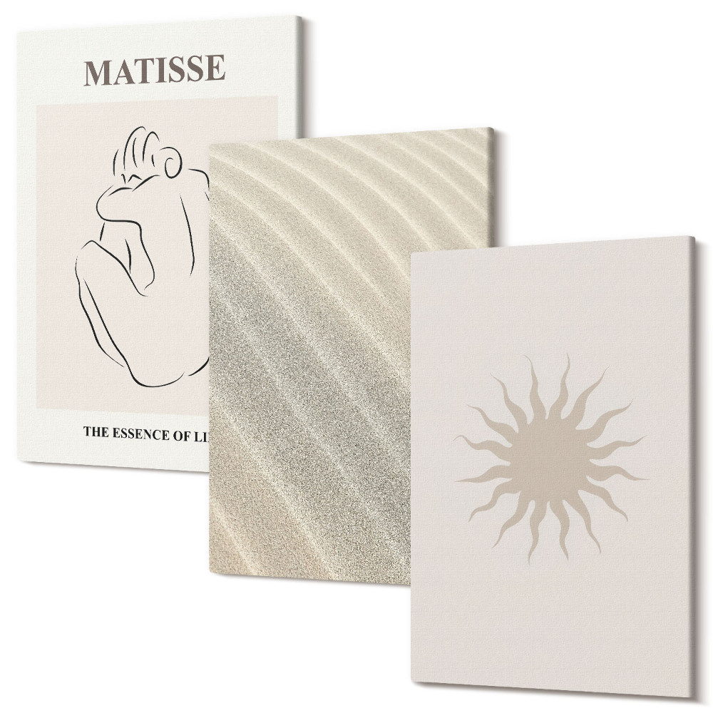 Zestaw obrazów na płótnie tryptyk Minimalistyczne linie piaskowe fale i słońce