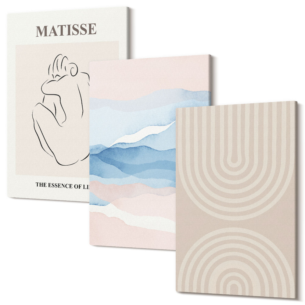 Zestaw obrazów tryptyk na ścianę Linie i fale w pastelowych odcieniach z minimalistycznym akcentem