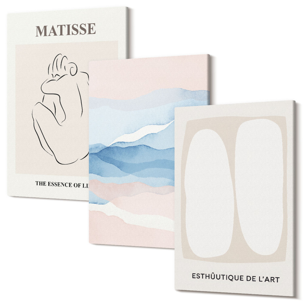 Zestaw obrazów 3 części tryptyk Abstrakcyjne formy i delikatne kolory Matisse