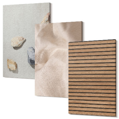 Zestaw obrazów 3 części tryptyk Kamienie drewno tkanina różne tekstury