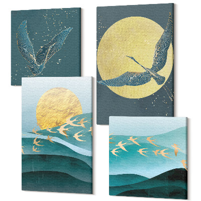 Zestaw obrazów kwadryptyk na ścianę Stylowe abstrakcyjne pejzaże z ptakami