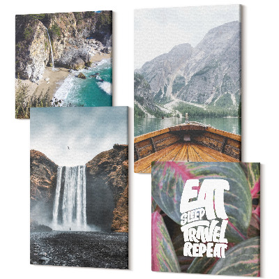 Zestaw obrazów kwadryptyk na ścianę Wodospad góry podróże natura łódź i roślinność
