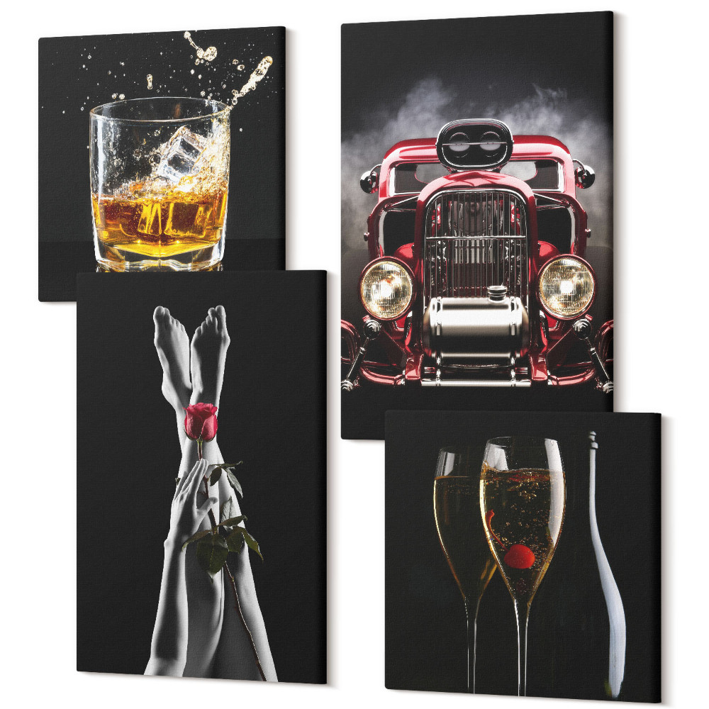 Zestaw obrazów 4 części kwadryptyk Kobiece nogi z różą stary samochód wino whisky
