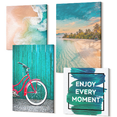 Zestaw obrazów kwadryptyk na ścianę Widok na morze z łodzią rower inspirujący napis