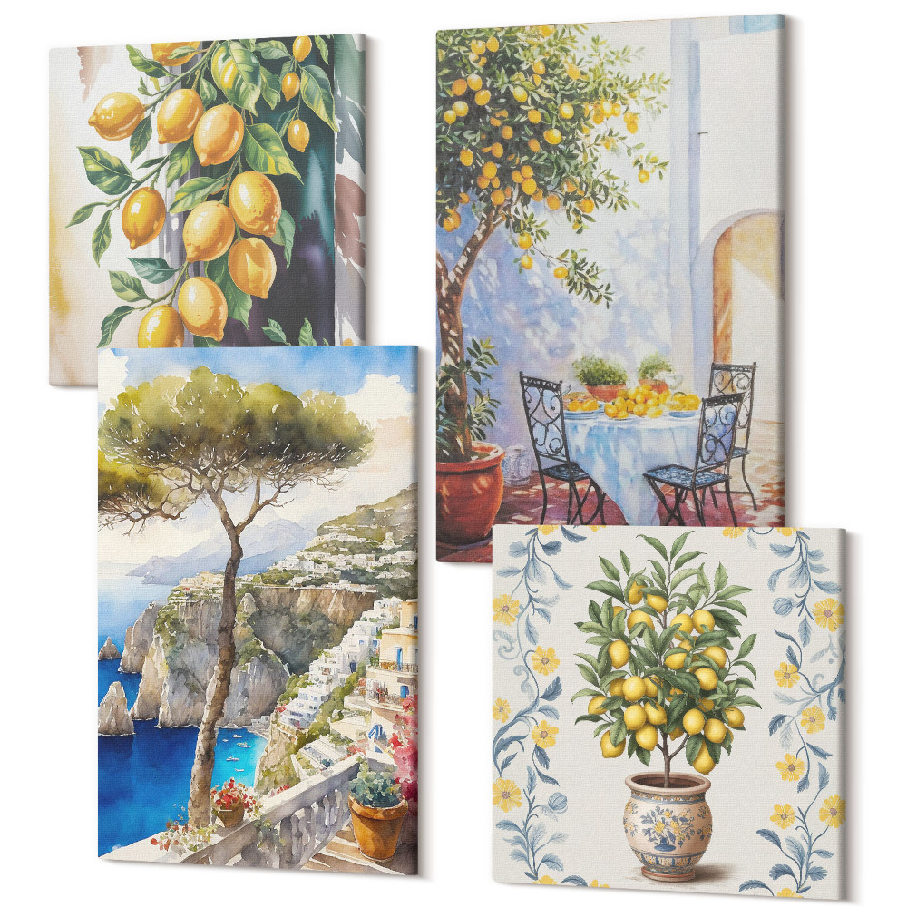 Zestaw obrazów 4 części kwadryptyk Drzewa cytrynowe i malowane nadmorskie widoki