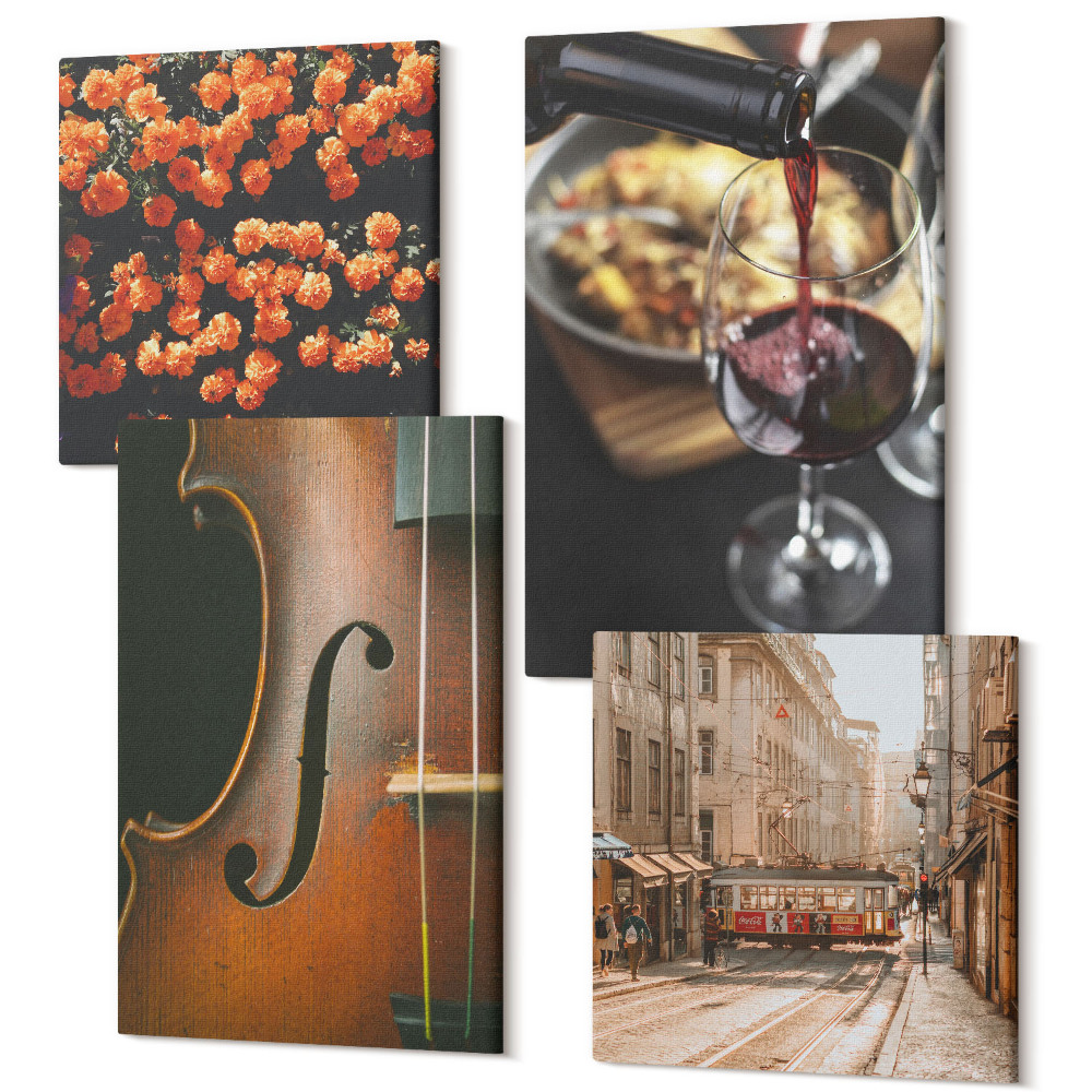 Zestaw obrazów kwadryptyk na ścianę Vintage romantyczne kwiaty uliczka wino i skrzypce