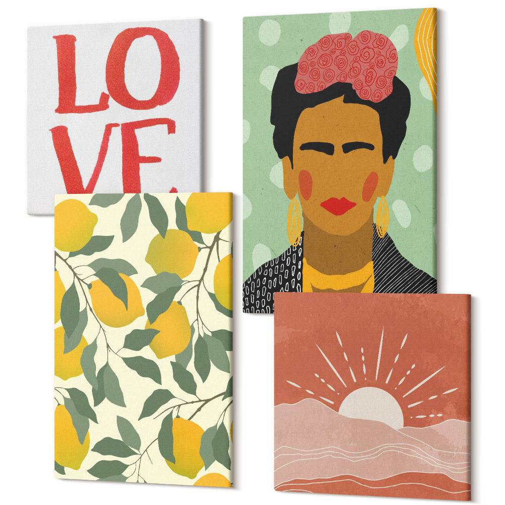 Zestaw obrazów 4 części kwadryptyk Cytryny napis LOVE pejzaż portret Fridy Kahlo