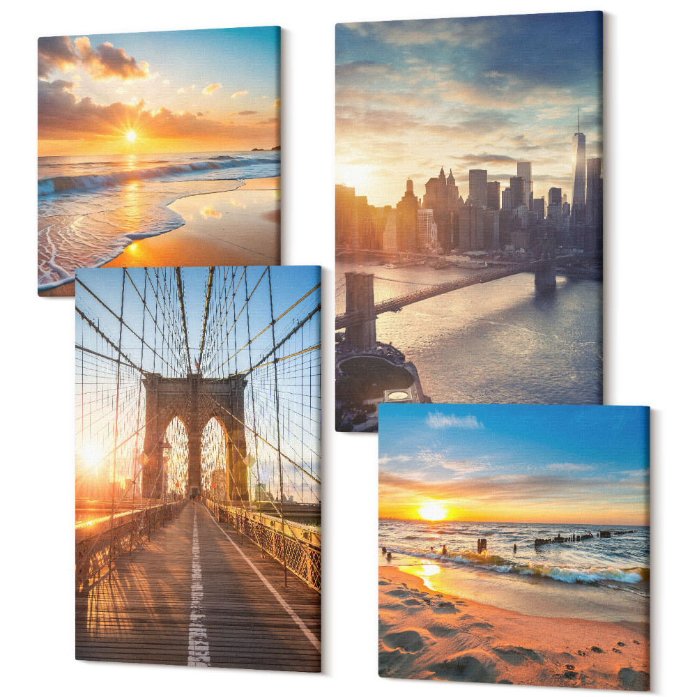Zestaw obrazów kwadryptyk na ścianę Mosty i zachody słońca w miejskim krajobrazie