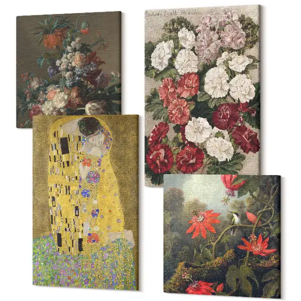 Zestaw obrazów na płótnie kwadryptyk Kwiaty i drzewa w stylu malarskim Pocałunek Gustav Klimt