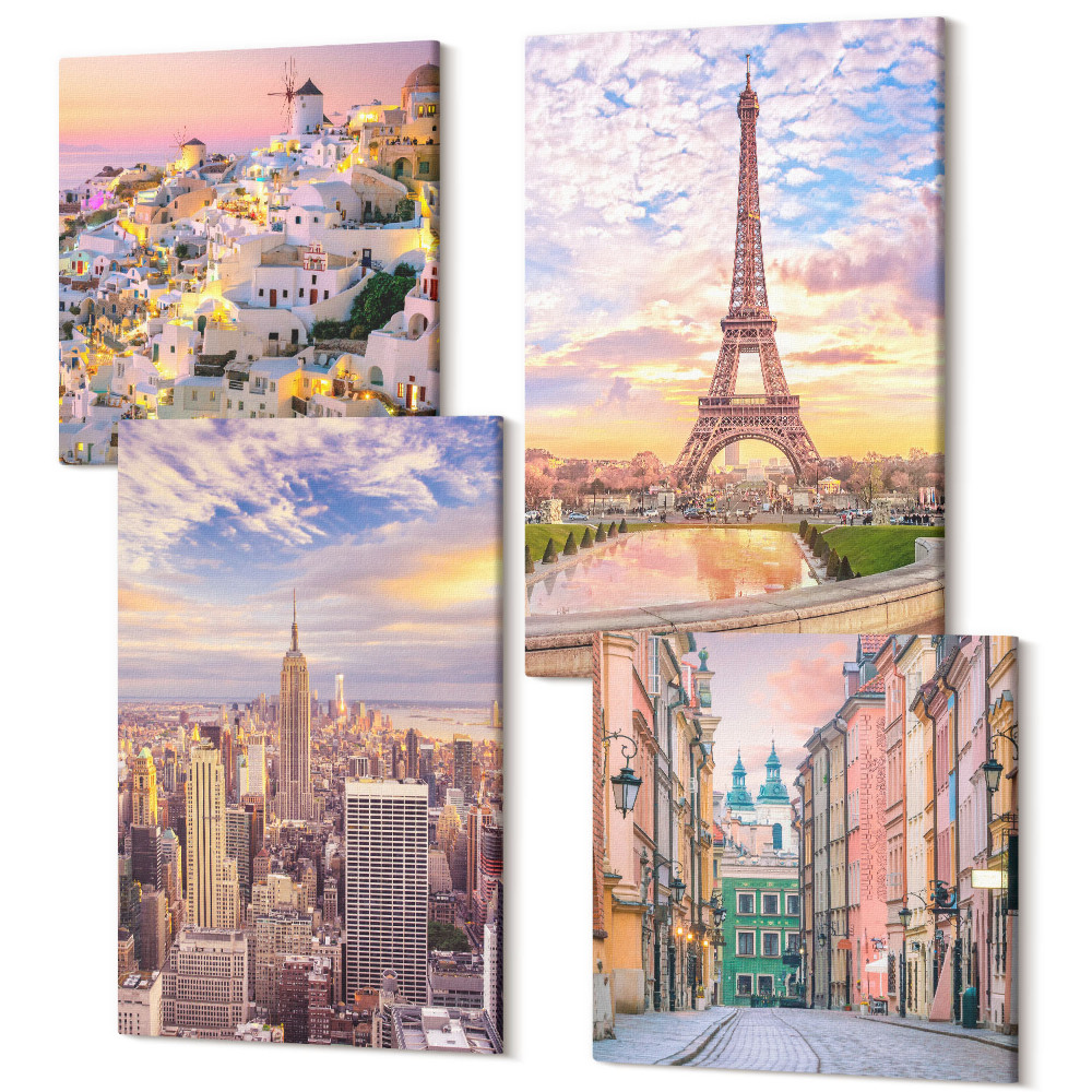 Zestaw obrazów kwadryptyk na ścianę Nowy Jork Paryż Oia Warszawa o zmierzchu słońca