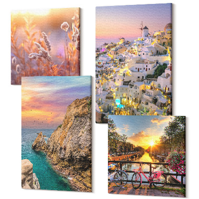 Zestaw obrazów 4 części kwadryptyk Widoki nadmorskie z zachodem słońca i miastem