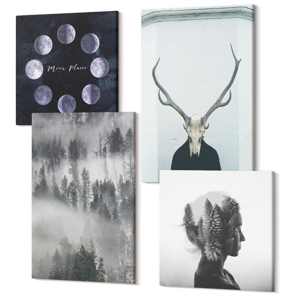 Zestaw obrazów na płótnie kwadryptyk Las we mgle fazy księżyca czaszka jelenia kobieta