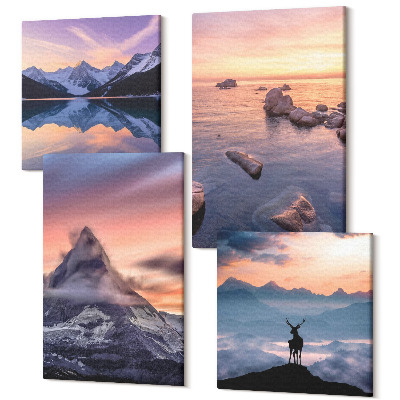 Zestaw obrazów 4 części kwadryptyk Krajobrazy góry jeziora jeleń i zachód słońca