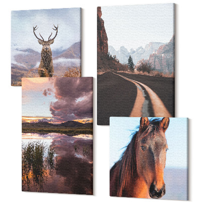 Zestaw obrazów na płótnie kwadryptyk Pejzaże górskie z reniferem koniem i drogą