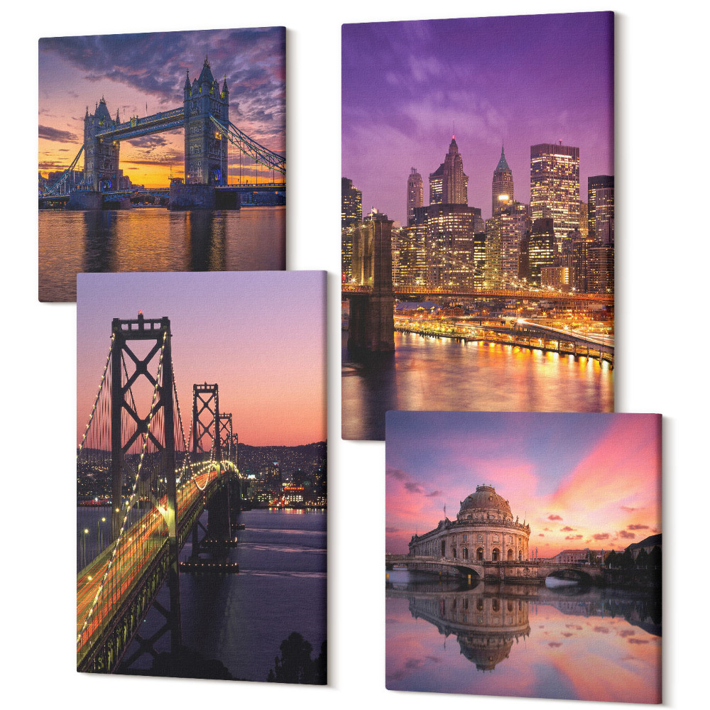 Zestaw obrazów kwadryptyk na ścianę Mosty w zachodzącym słońcu i miejskie krajobrazy