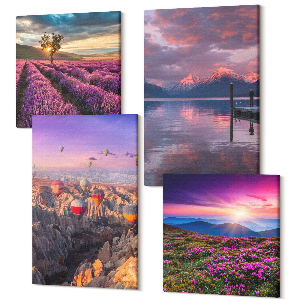 Zestaw obrazów 4 części kwadryptyk Krajobraz z lawendowymi polami i zachodem słońca