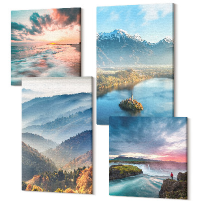 Zestaw obrazów kwadryptyk na ścianę Malownicze krajobrazy górskie i wodospady w naturze