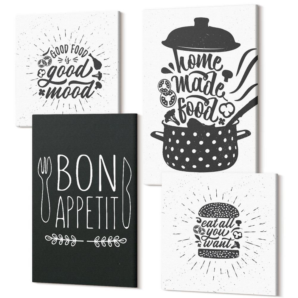 Zestaw obrazów kwadryptyk na ścianę Grafika z jedzeniem i hasłami kulinarnymi