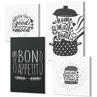 Zestaw obrazów kwadryptyk na ścianę Grafika z jedzeniem i hasłami kulinarnymi