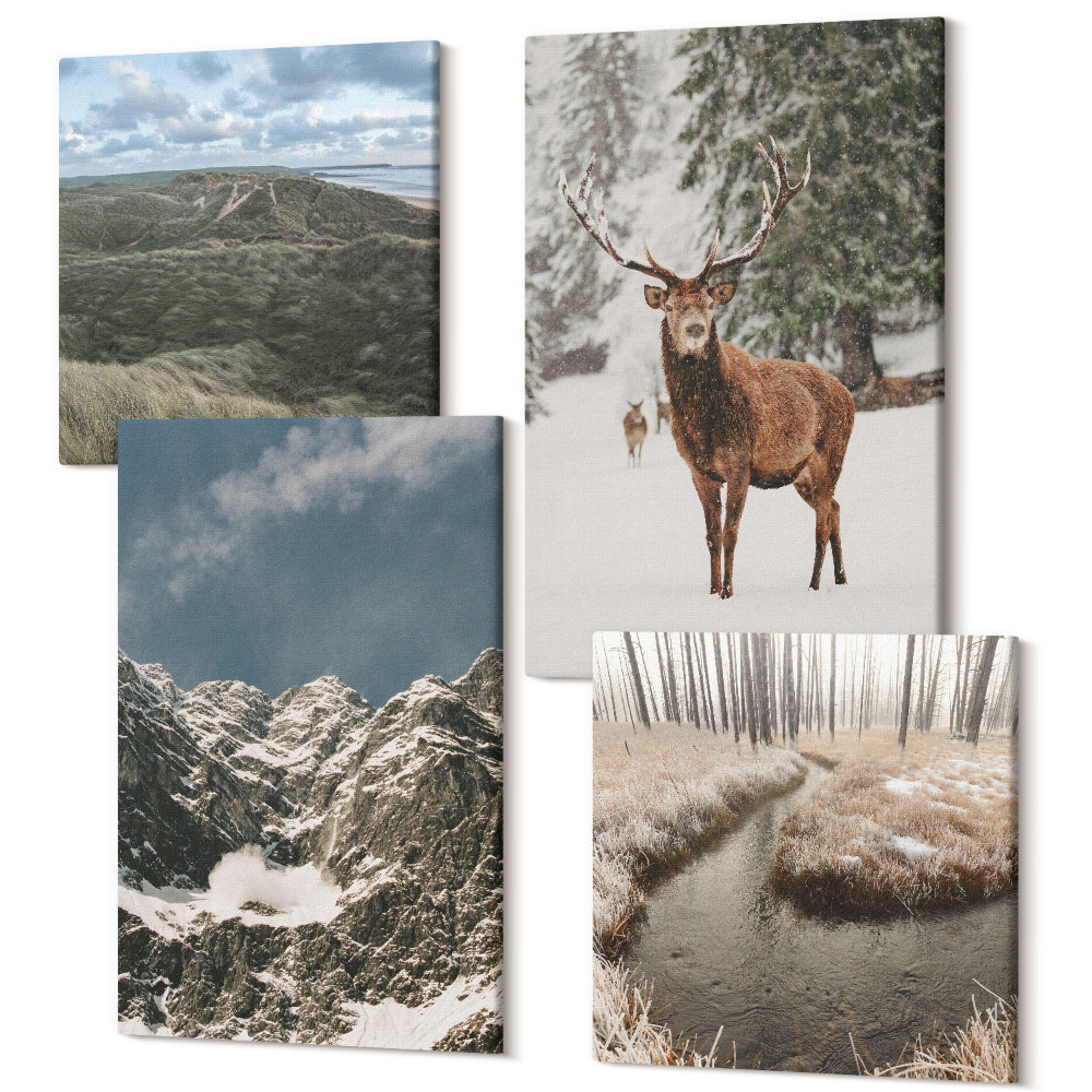 Zestaw obrazów na płótnie kwadryptyk Góry z śniegiem jeleń w lesie krajobrazy