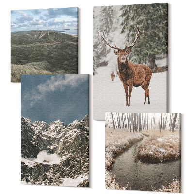 Zestaw obrazów na płótnie kwadryptyk Góry z śniegiem jeleń w lesie krajobrazy