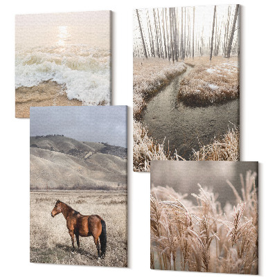 Zestaw obrazów kwadryptyk na ścianę Konie pejzaż morza traw lasu i strumienia