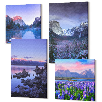 Zestaw obrazów 4 części kwadryptyk Krajobrazy górskie z wodą niebem i polem kwiatów