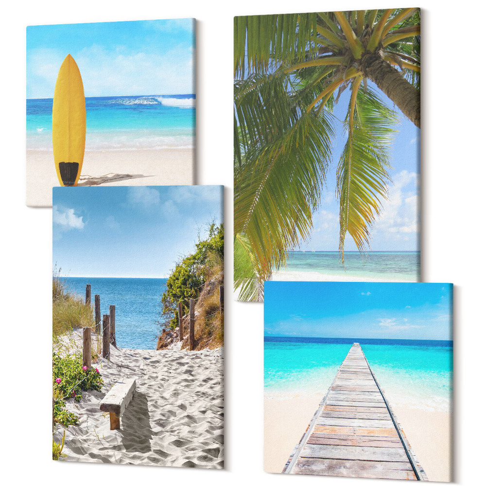 Zestaw obrazów na płótnie kwadryptyk Wakacyjne widoki plaża fale i palmy w tropikach
