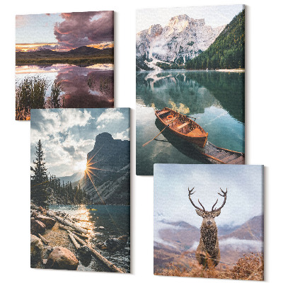 Zestaw obrazów 4 części kwadryptyk Górskie jezioro łódź zachód słońca jeleń w naturze