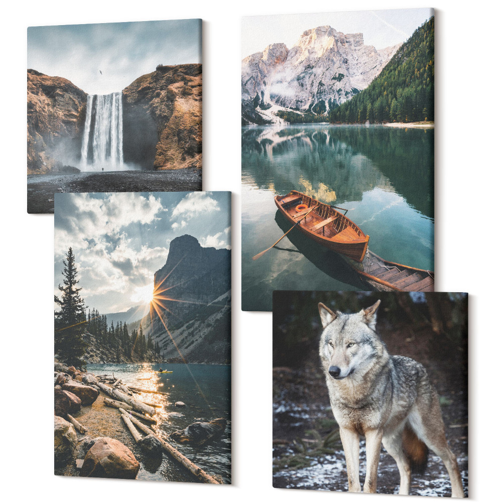 Zestaw obrazów na płótnie kwadryptyk Góry jeziora wodospad i wilk w naturalnym otoczeniu