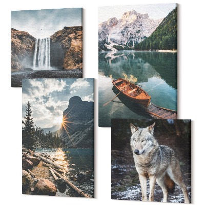 Zestaw obrazów na płótnie kwadryptyk Góry jeziora wodospad i wilk w naturalnym otoczeniu