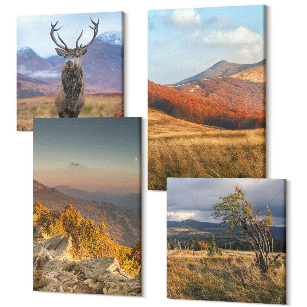 Zestaw obrazów kwadryptyk na ścianę Górskie pejzaże natury góry jeleń trawy polany