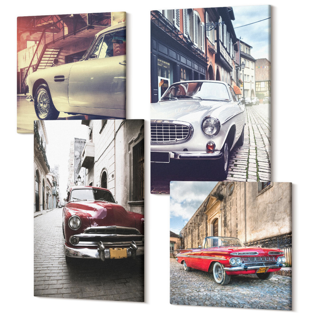 Zestaw obrazów na płótnie kwadryptyk Klasyczne samochody na ulicach miast w różnych kolorach