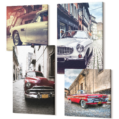 Zestaw obrazów na płótnie kwadryptyk Klasyczne samochody na ulicach miast w różnych kolorach