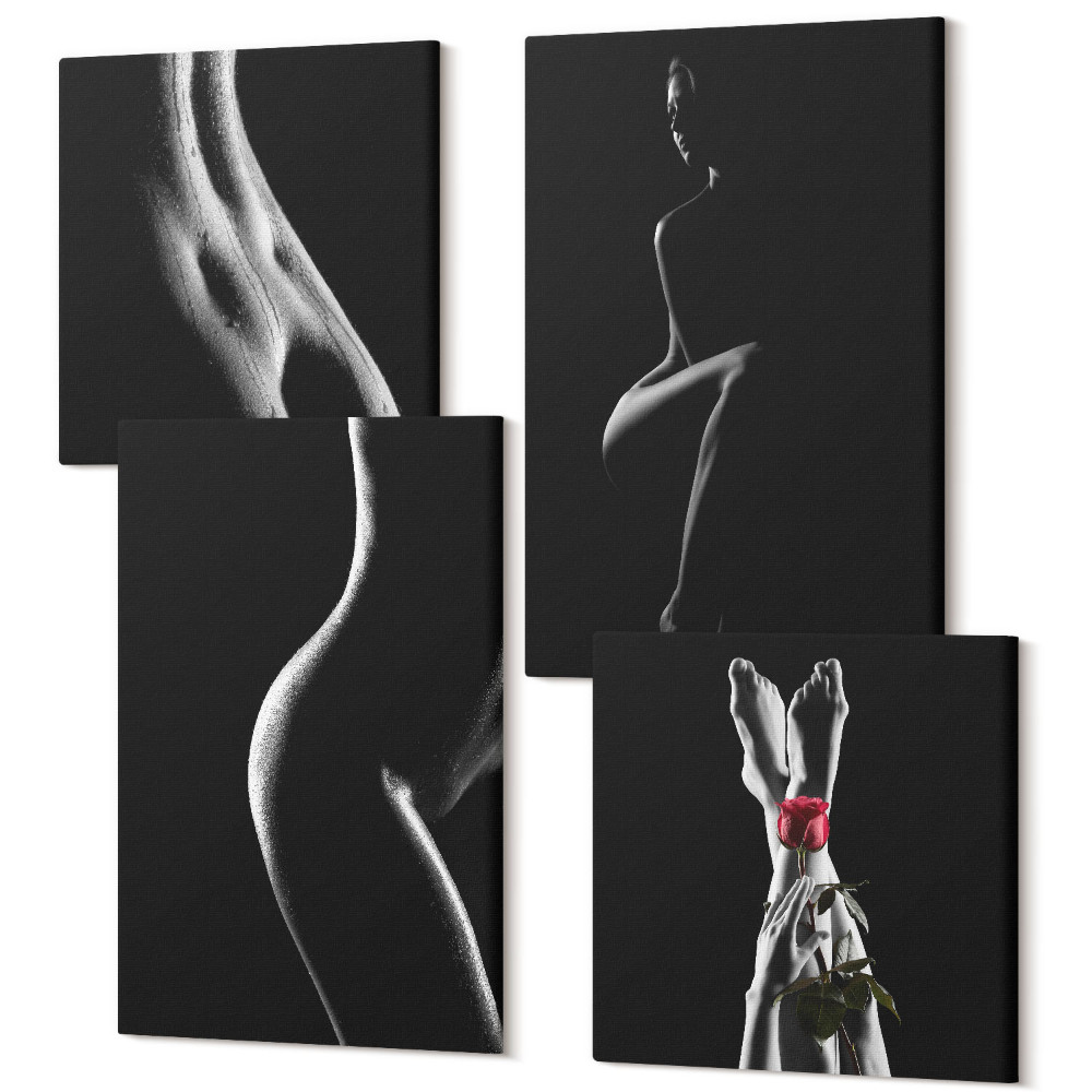 Zestaw obrazów 4 części kwadryptyk Czarno-białe kobiece sylwetki erotyka
