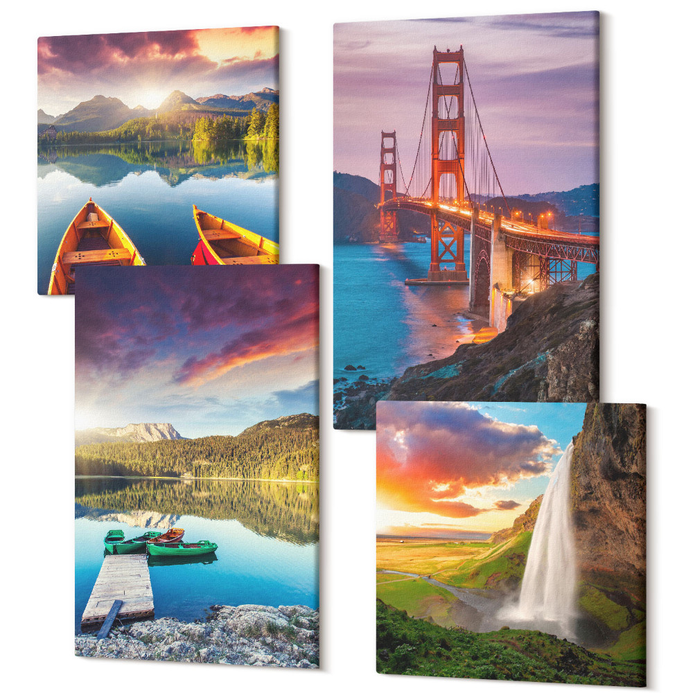 Zestaw obrazów na płótnie kwadryptyk Widoki górskie z jeziorami łódki most wodospad