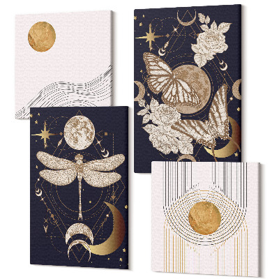 Zestaw obrazów 4 części kwadryptyk Motywy przyrody z księżycem kosmosem i kwiatami