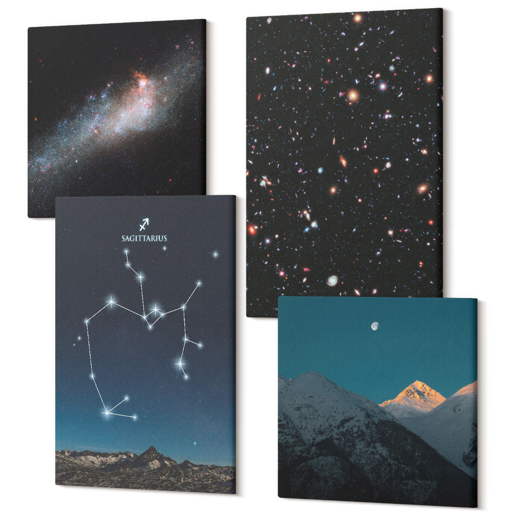 Zestaw obrazów 4 części kwadryptyk Galaktyki konstelacje i kosmos znak zodiaku Strzelec