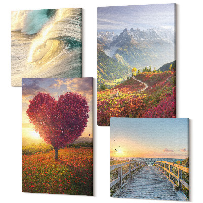 Zestaw obrazów kwadryptyk na ścianę Krajobrazy górskie fale drzewo w kształcie serca molo
