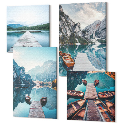 Zestaw obrazów kwadryptyk na ścianę Spokojne jezioro z drewnianymi pomostami i łodziami
