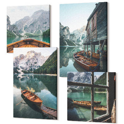 Zestaw obrazów 4 części kwadryptyk Widok górskiego jeziora z łodziami i domem nad wodą