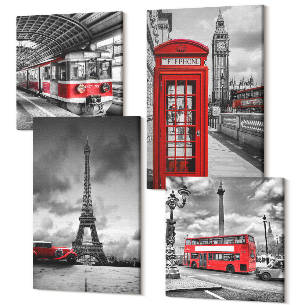 Zestaw obrazów kwadryptyk na ścianę Ikony miast Londyn Paryż i transport kolejowy