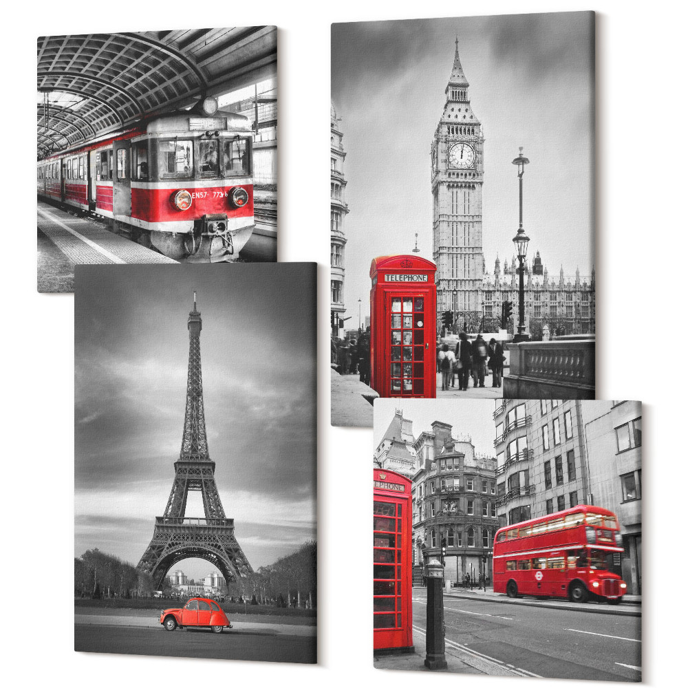Zestaw obrazów na płótnie kwadryptyk Czerwone autobusy w miejskim krajobrazie
