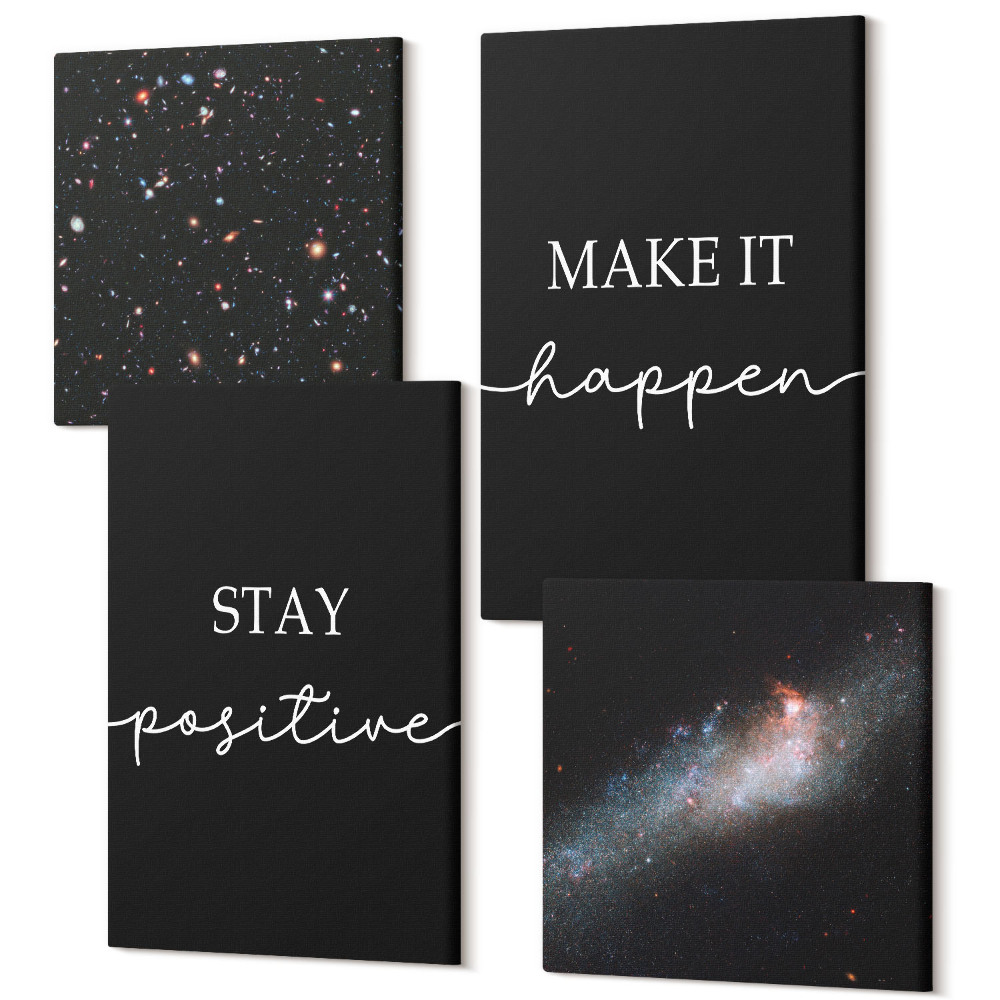 Zestaw obrazów 4 części kwadryptyk Motywacyjne hasła na czarnym tle gwiazdy w kosmosie