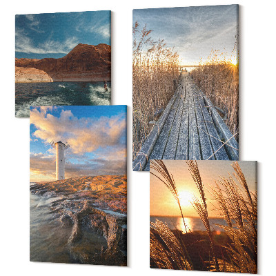 Zestaw obrazów na płótnie kwadryptyk Widok latarni morskiej nad morzem trawa i drewniany pomost