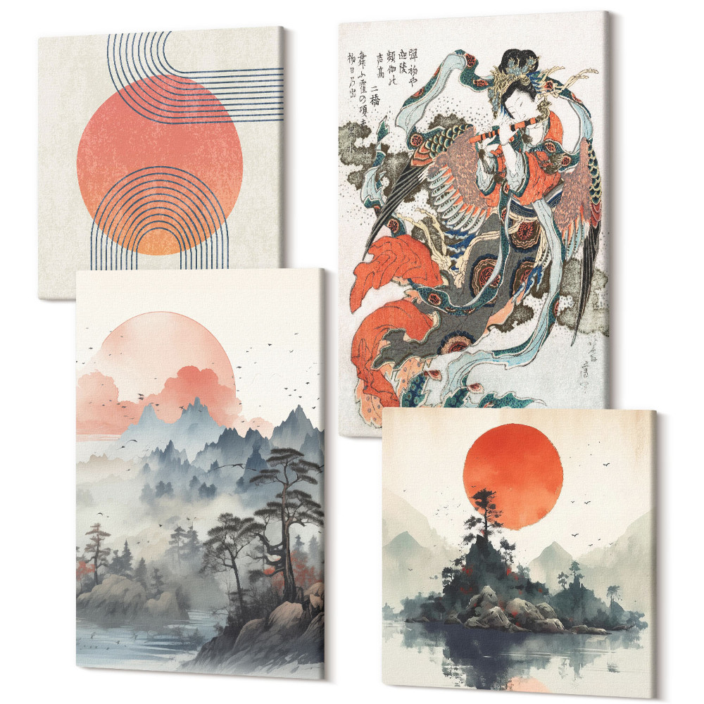 Zestaw obrazów 4 części kwadryptyk Azjatyckie malunki pejzaże i portret w stylu japandi